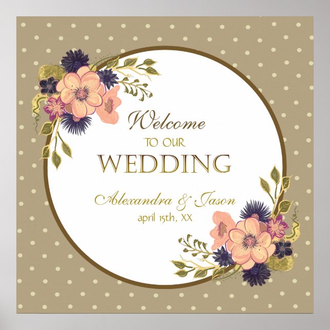 Affiche Mariage de bienvenue floral rustique rose et or (Devant)