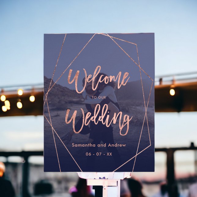 Affiche Mariage de bienvenue moderne rose gold navy photo (Modern rose gold navy photo welcome wedding poster)