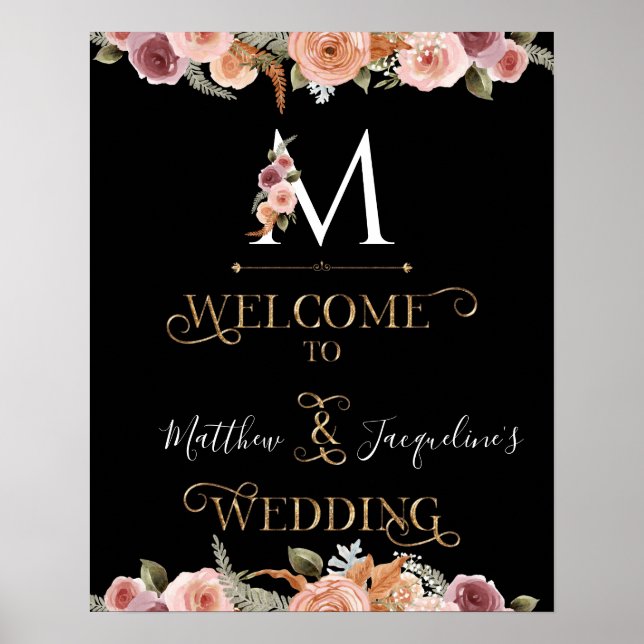 Affiche Mariage de bienvenue Monogram Gold Floral Blush Bl (Devant)