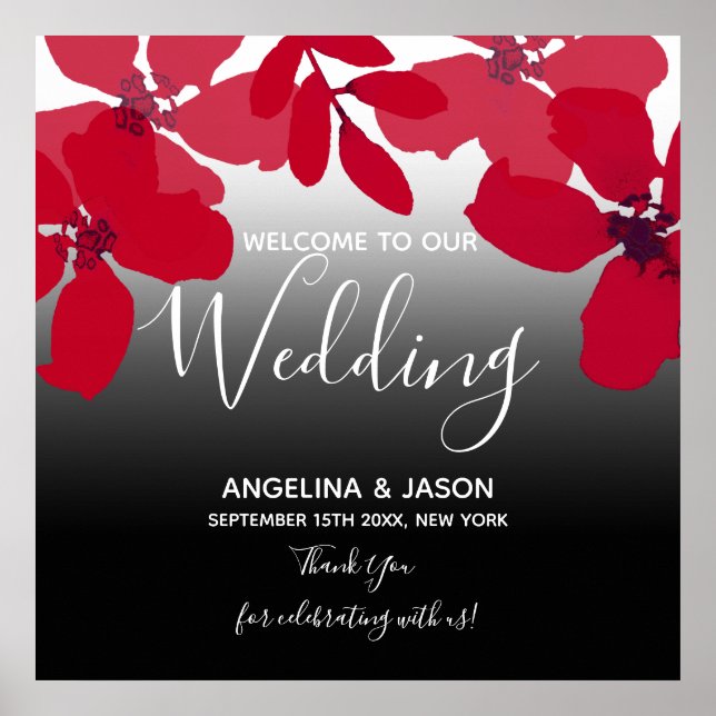 Affiche Mariage de bienvenue rouge floral (Devant)