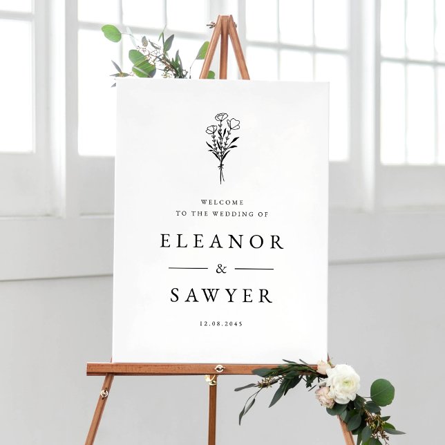 Affiche Mariage de bouquet de fleurs minimaliste noir (Customizable boho wedding sign featuring minimalist floral bouquet. Available in other colors )