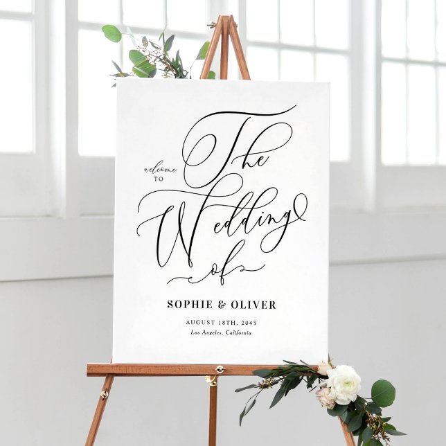 Affiche Mariage de calligraphie Whimsical Noir Bienvenue (Black and White Whimsical Calligraphy Wedding Welcome Welcome Sign)