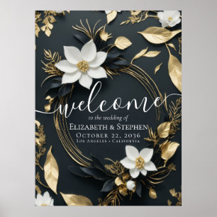 Affiche Mariage de couronnes florales en or noir blanc Bie