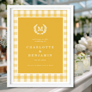 Affiche Mariage de crête de monogramme En vichy jaune Bien