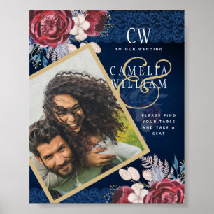 Affiche Mariage de dentelle florale bleu Bourgogne