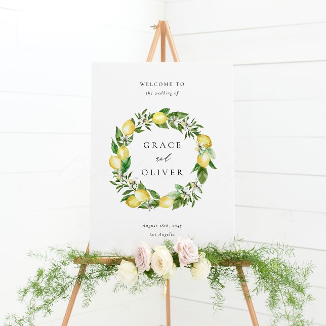 Affiche Mariage de design de couronnes et de citron botani ( Customizable Wedding Welcome Sign with Watercolor Lemons, Blossoms & Greenery Wreath)