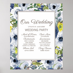 Affiche Mariage de fête floral bleu marine jaune blanc