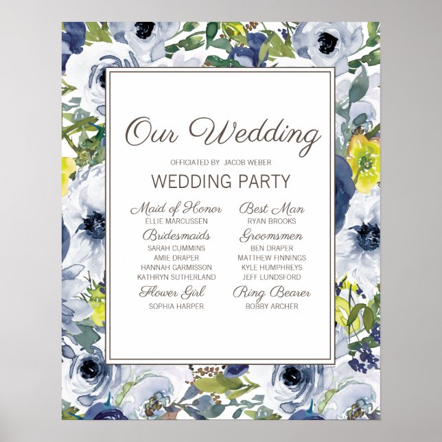 Affiche Mariage de fête floral bleu marine jaune blanc (Devant)