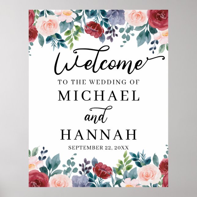 Affiche Mariage de fleurs de maroon Blush Bienvenue (Devant)
