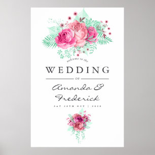 Affiche Mariage de fleurs rose et menthe