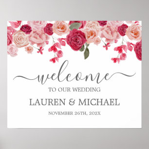 Affiche Mariage de fleurs rose magenta Panneau de bienvenu