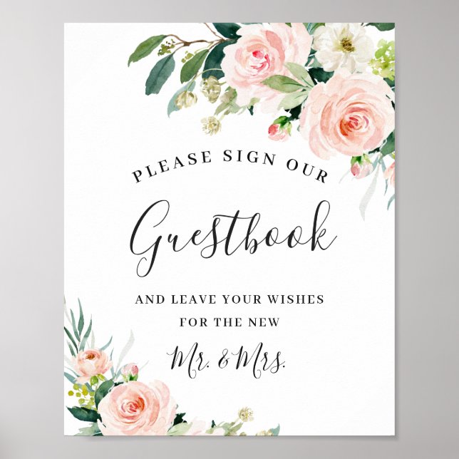 Affiche Mariage de fleurs roses blanches signe notre livre (Devant)
