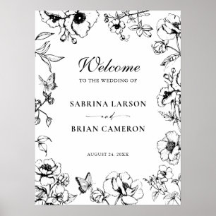 Affiche Mariage de jardin floral noir et blanc élégant de