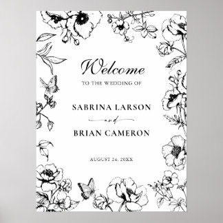 Affiche Mariage de jardin floral noir et blanc élégant de 