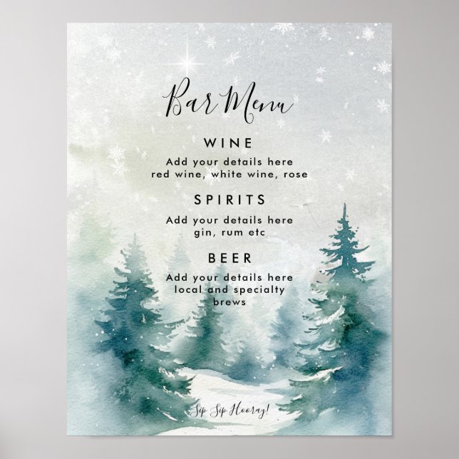 Affiche mariage de la forêt d'hiver menu panneau (Devant)