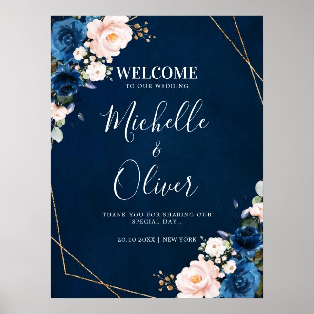 Affiche Mariage de la Marine Blue Blush Rose Florals Bienv (Devant)