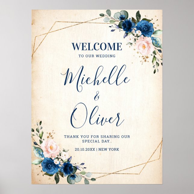 Affiche Mariage de la Marine Blue Blush Rose Florals Bienv (Devant)