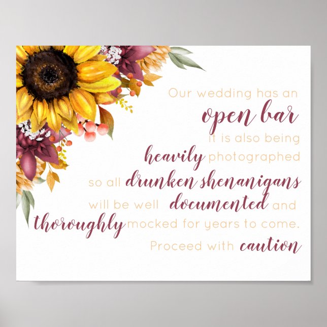 Affiche Mariage de l'automne Sunflower Open Bar (Devant)