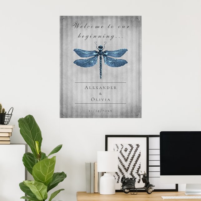 Affiche Mariage de libellules à bijoux bleu Bienvenue (Bureau à domicile)