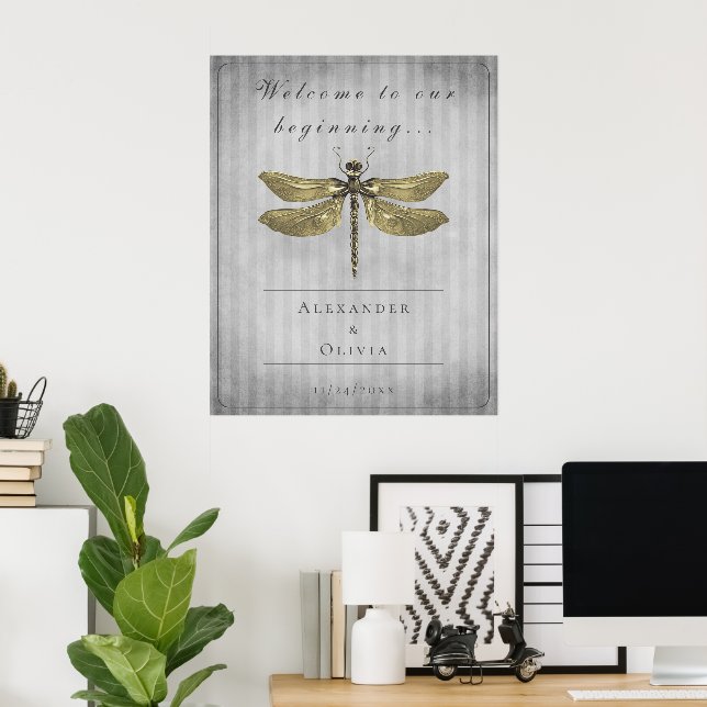 Affiche Mariage de libellules à bijoux en or Bienvenue (Bureau à domicile)