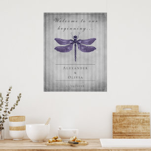 Affiche Mariage de libellules à bijoux pourpre Bienvenue