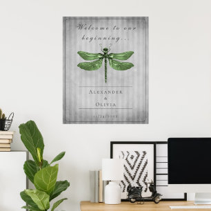 Affiche Mariage de libellules à bijoux vert Bienvenue