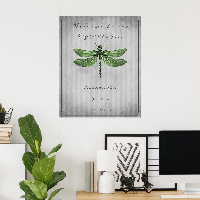 Affiche Mariage de libellules à bijoux vert Bienvenue (Bureau à domicile)