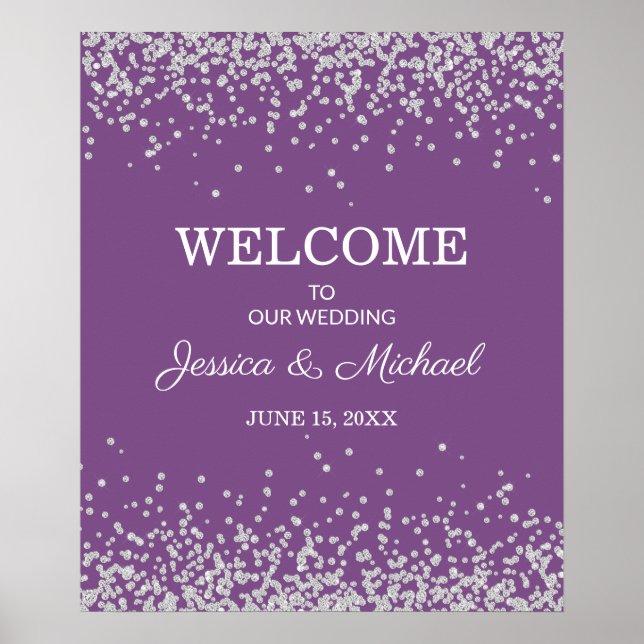 Affiche Mariage de mariée marié paillettes argent violet (Devant)