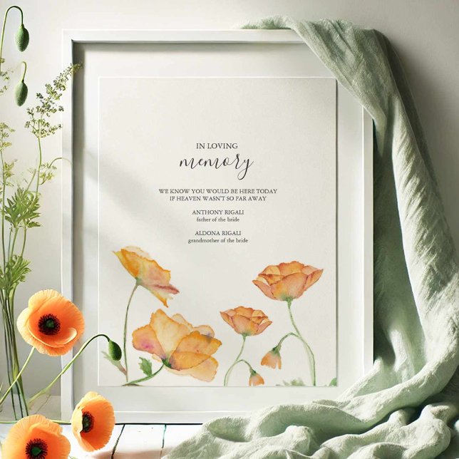 Affiche Mariage de mémoire dans l'amour Signer Orange Fleu (wedding signs in loving memory with watercolor poppy flowers by Victoria Grigaliunas)