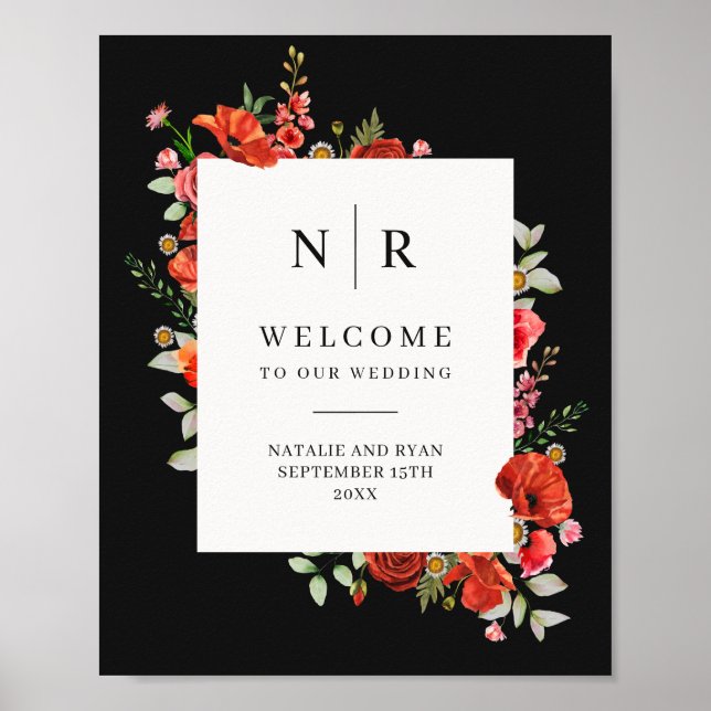 Affiche Mariage de monogramme noir Fleur sauvage (Devant)