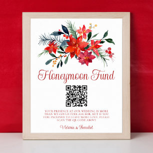 Affiche Mariage de Noël rouge Floral Honeymoon Fund