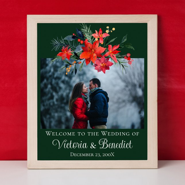 Affiche Mariage de Noël vert Photo Poinsettia Floral (Créateur téléchargé)