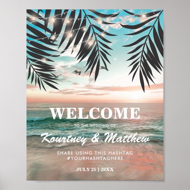 Affiche Mariage de plage tropicale | Chaîne de lumières (Devant)