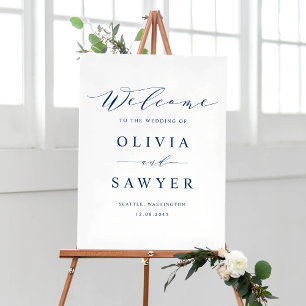 Affiche Mariage de script minimaliste bleu marine Bienvenu