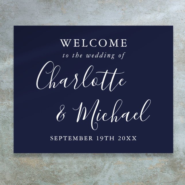 Affiche Mariage de script signature bleu marine Bienvenue (Navy Blue Signature Script Wedding Welcome Poster)