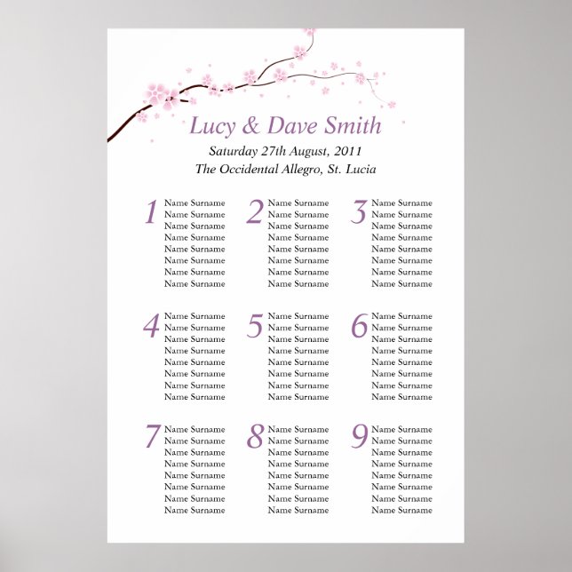Affiche Mariage de table rose et violet Plan de siège (Devant)