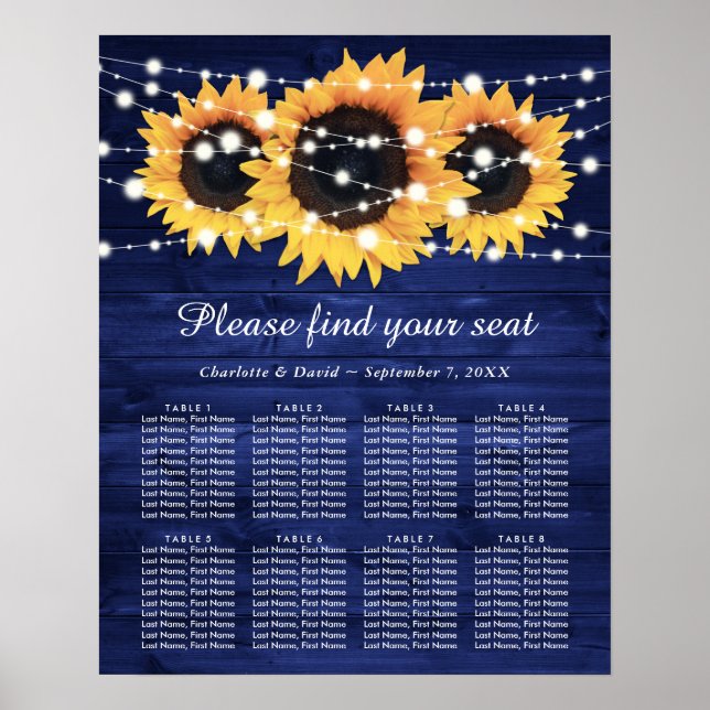 Affiche Mariage de tournesol rustique bleu marine Graphiqu (Devant)