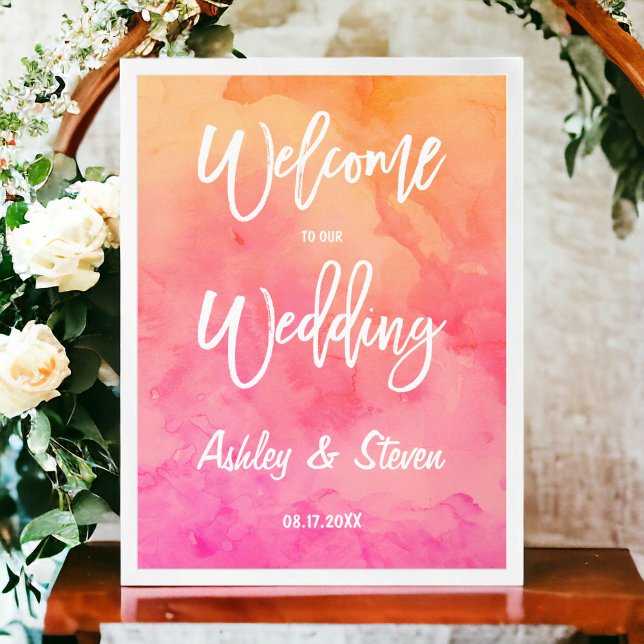 Affiche Mariage de typographie d'aquarelle rose orange mod (Modern pink orange watercolor typography wedding poster)