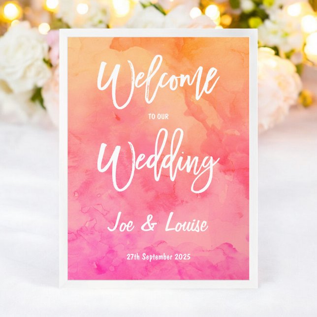 Affiche Mariage de typographie d'aquarelle rose orange mod (Modern pink orange watercolor typography wedding poster)