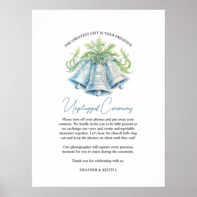Affiche Mariage débranché aquarelle cloches en argent (Devant)