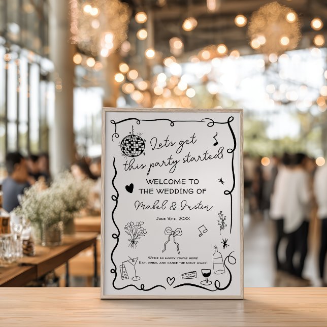 Affiche Mariage décontracté noir blanc et irrégulier Bienv (Quirky whimsical black casual Wedding Welcome Poster)
