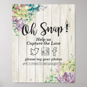 Affiche Mariage Décor Snap hashtag Succulents Bois rustiqu