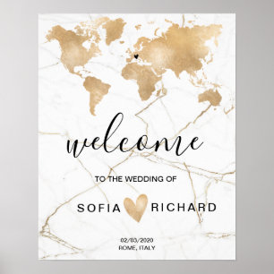Affiche Mariage Destination World Map Gold Removable Heart