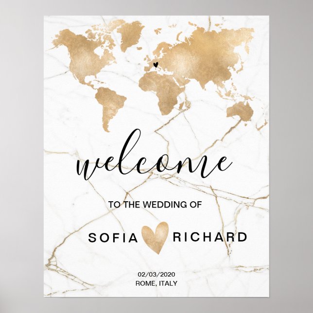 Affiche Mariage Destination World Map Gold Removable Heart (Devant)