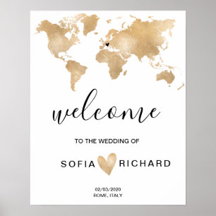 Affiche Mariage Destination World Map Gold Removable Heart