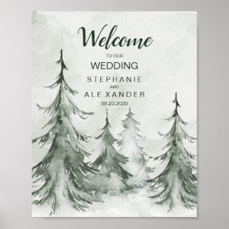Affiche Mariage d'hiver aux sapins à l'aquarelle