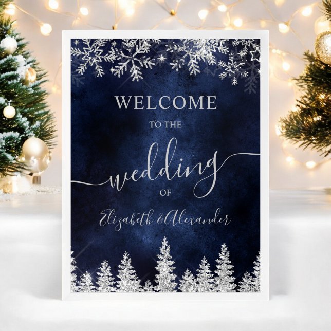 Affiche Mariage d'hiver de Noël dans la marine de pin d'ar (Silver snow pine navy Christmas winter wedding Poster)