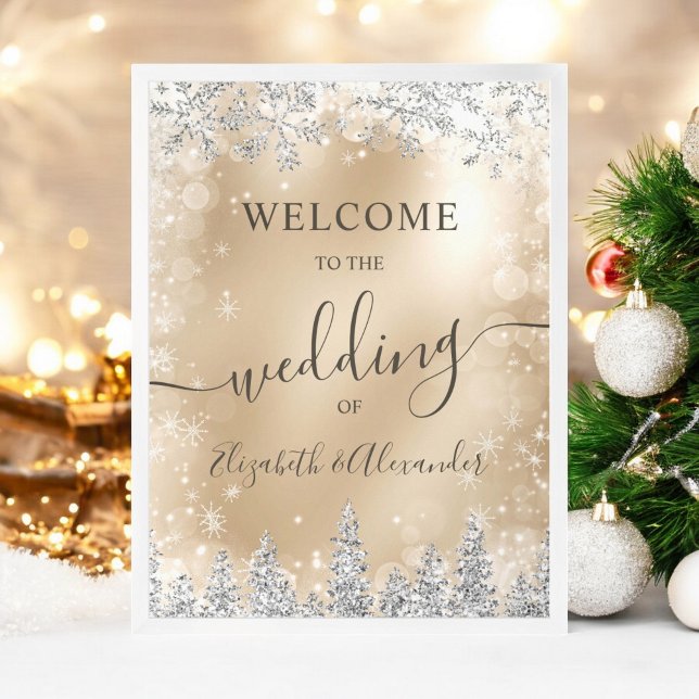 Affiche Mariage d'hiver de Noël en pin d'argent (Silver snow pine gold Christmas winter wedding Poster)