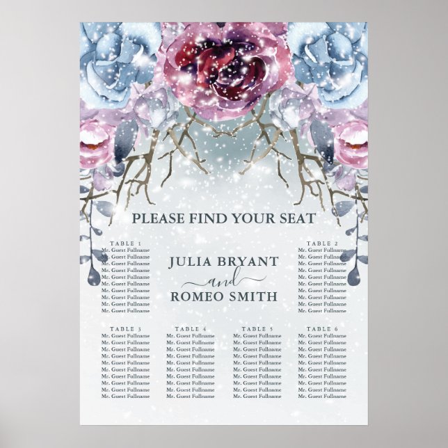 Affiche Mariage d'hiver Floral Neige Bleu Seating Chart (Devant)