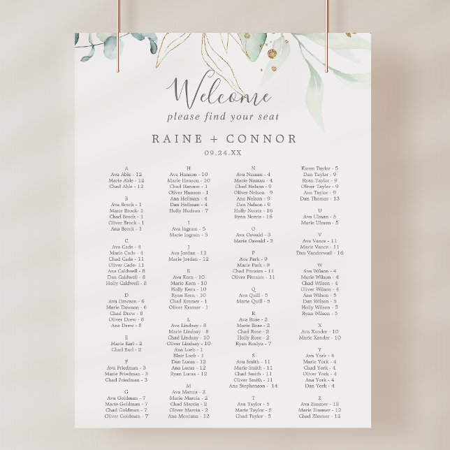 Affiche Mariage d'or Airy Greenery Modèle (Airy Greenery Gold Wedding Seating Chart Template)
